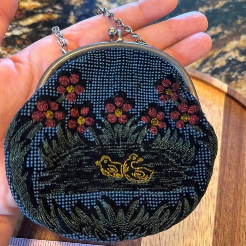 Charming Vintage Tapestry Mini Purse Floral with Ducks